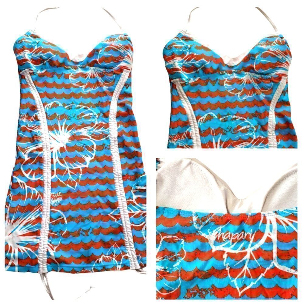 Hapari Blue Red Wave Tie Neck Drawstrings Swim Top Sz S